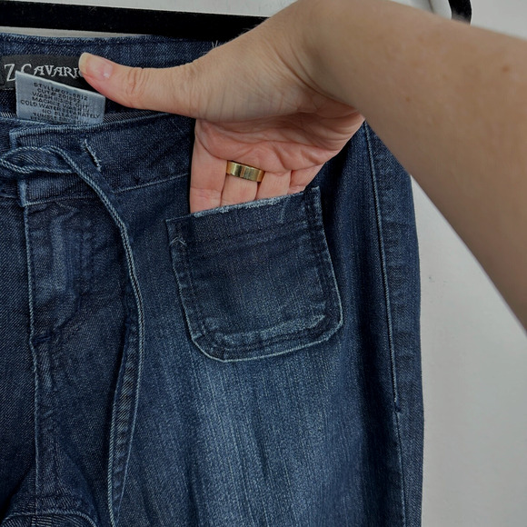 Vintage Z Cavaricci Dark Wash Low Rise Flare Front Tie Waist Jean Patch Pocket 7 - Picture 6 of 13